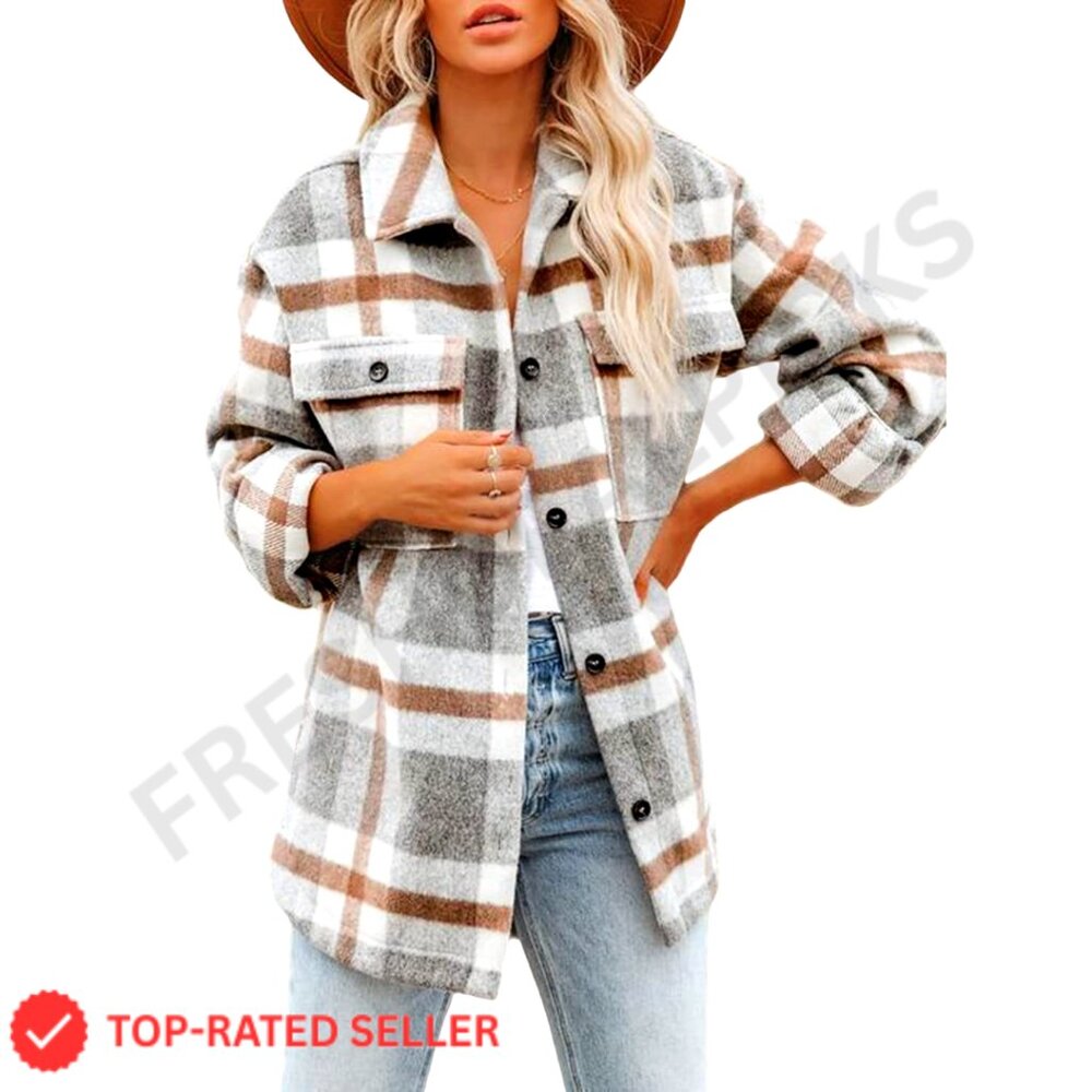 Oversized Flannel Shacket with Side Pockets, Button-Down, Plaid Print
